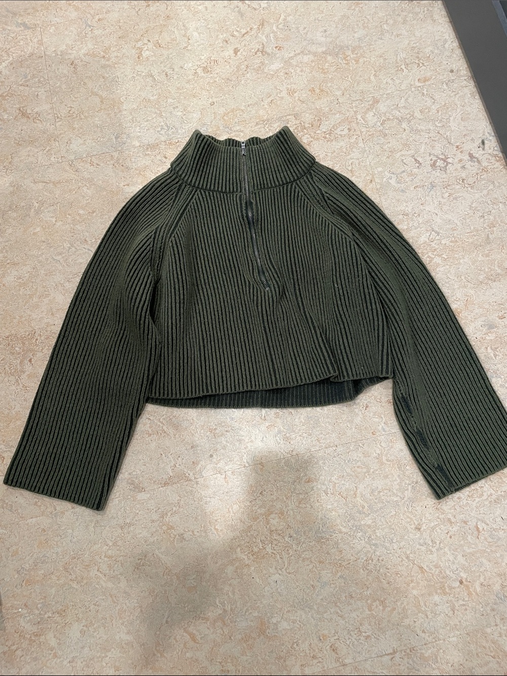 Free People Cropped Ribbed Half-Zip Sweater — Olive Green